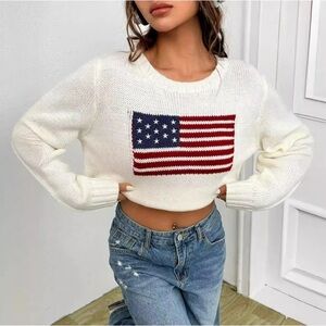 NWT! Moon & Madison Women's XS White Knit American Flag Pullover Sweater Casual